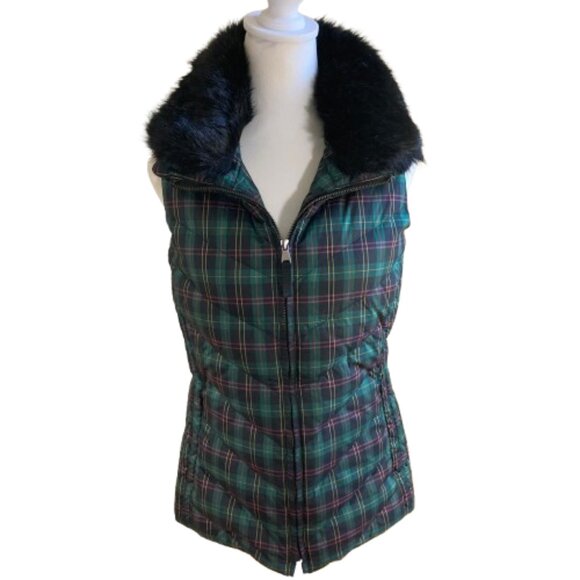 Talbots Down Filled Puffer Vest XS Plaid Removable Faux Fur Collar Pockets - Picture 1 of 15